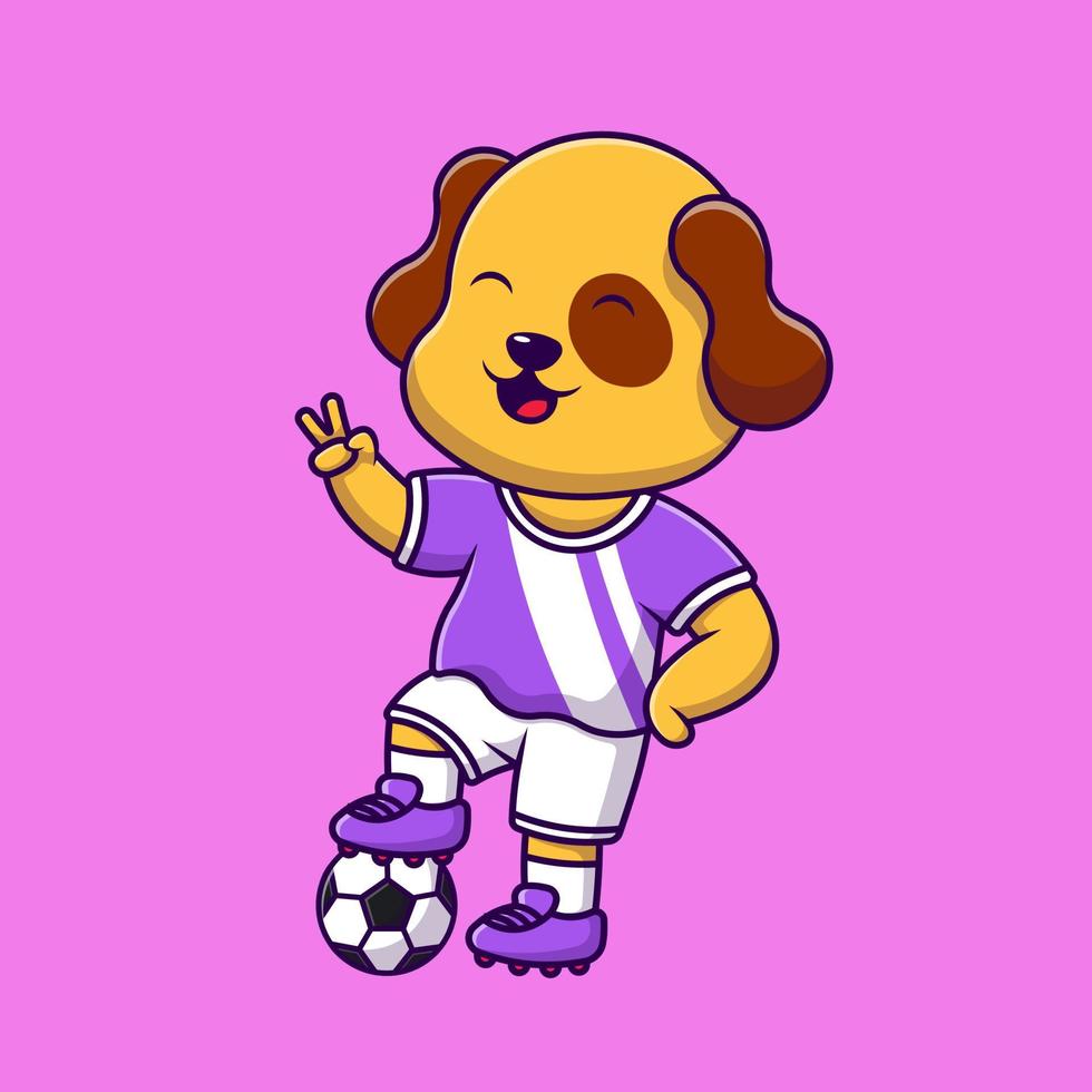 Cute Dog Playing Soccer Ball With Peace Hand Cartoon Vector Icons Illustration. Flat Cartoon Concept. Suitable for any creative project.
