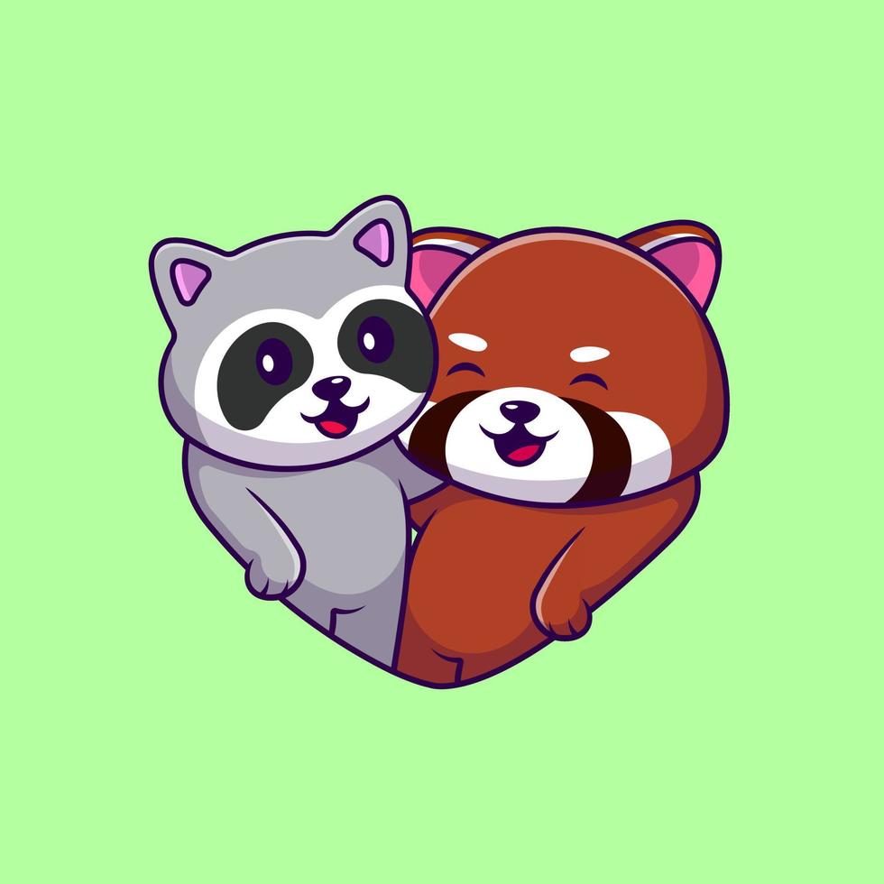 Cute Couple Raccoon And Red Panda Cartoon Vector Icons Illustration. Flat Cartoon Concept. Suitable for any creative project.