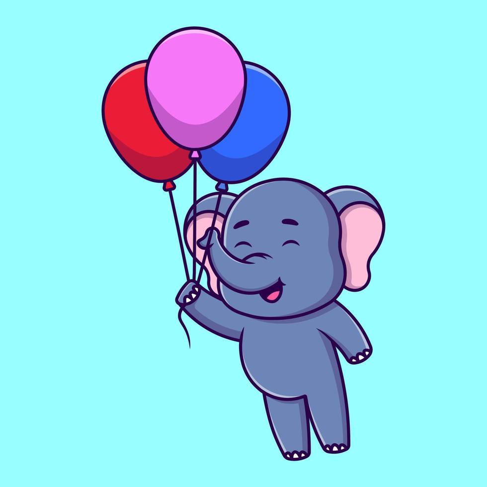 Cute Elephant Floating With Balloons Cartoon Vector Icons Illustration. Flat Cartoon Concept. Suitable for any creative project.
