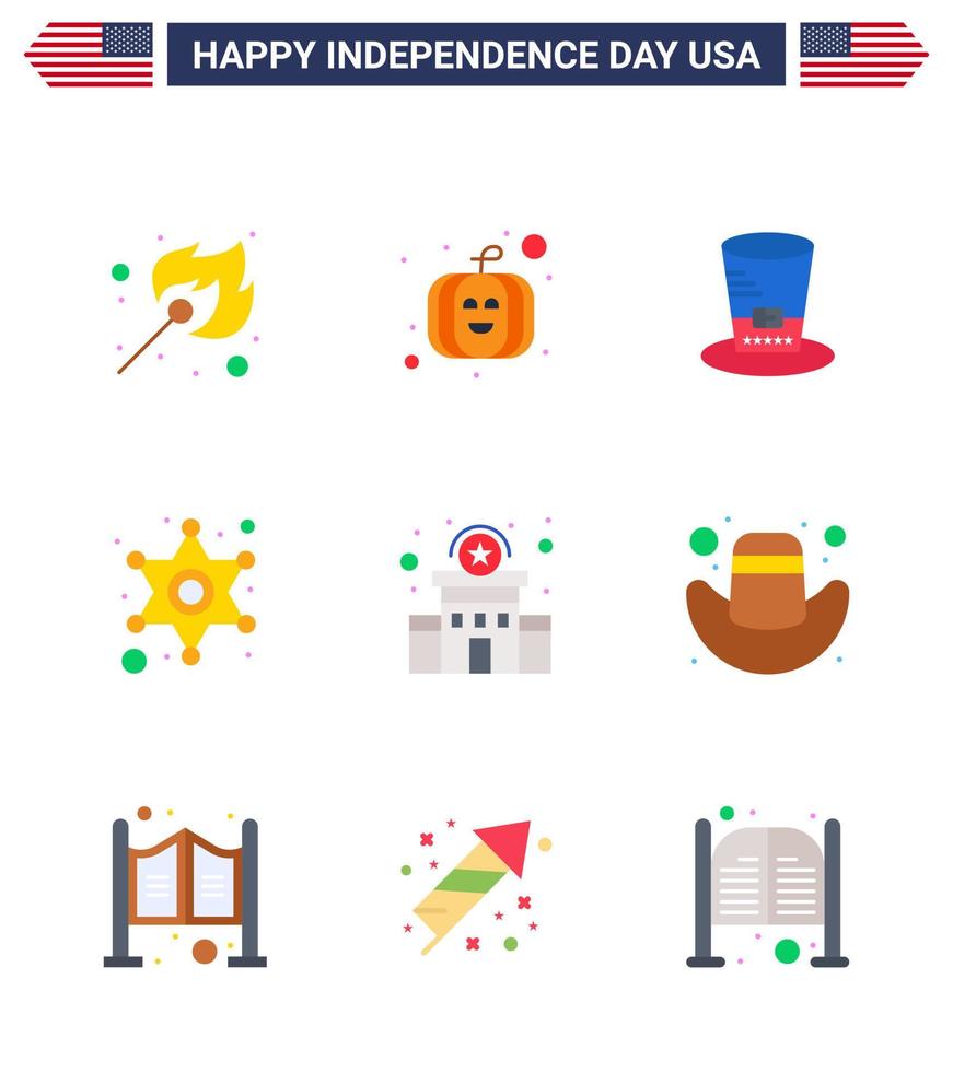 paquete de iconos de vector de stock de día americano 9 signos y símbolos de línea para edificio de estación sombrero policía signo policía elementos de diseño de vector de día de EE. UU. editables