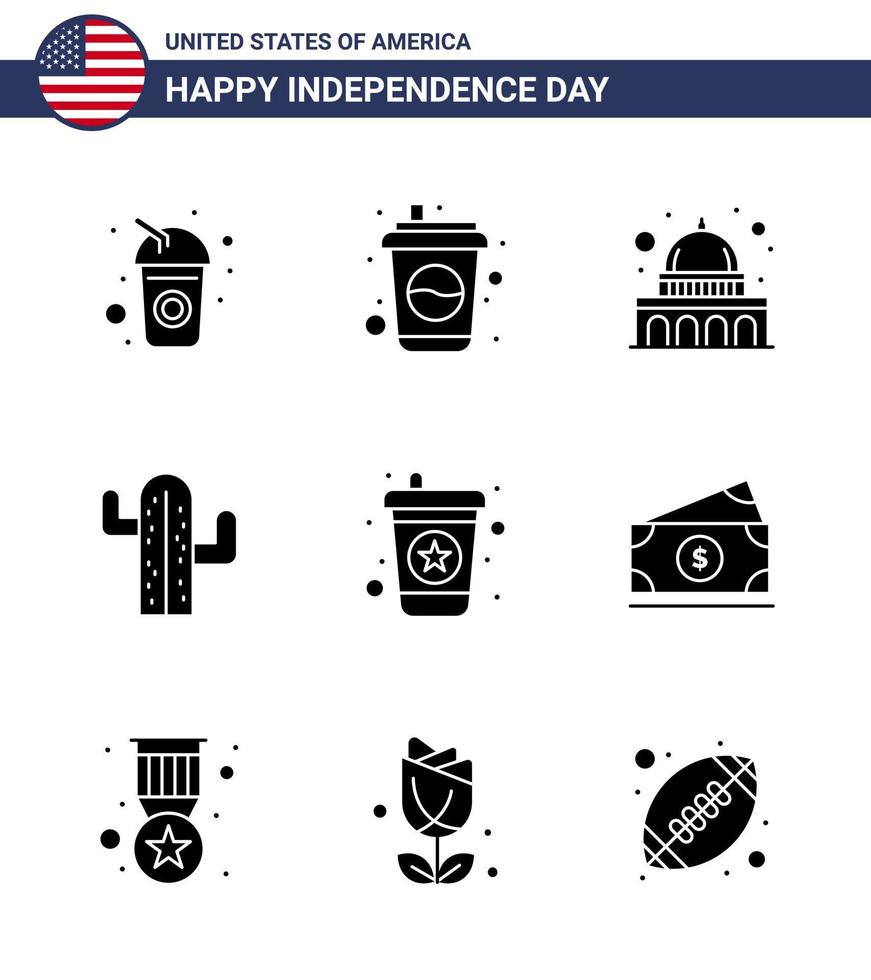 USA Happy Independence DayPictogram Set of 9 Simple Solid Glyphs of amearican dollar cactus soda beverage Editable USA Day Vector Design Elements