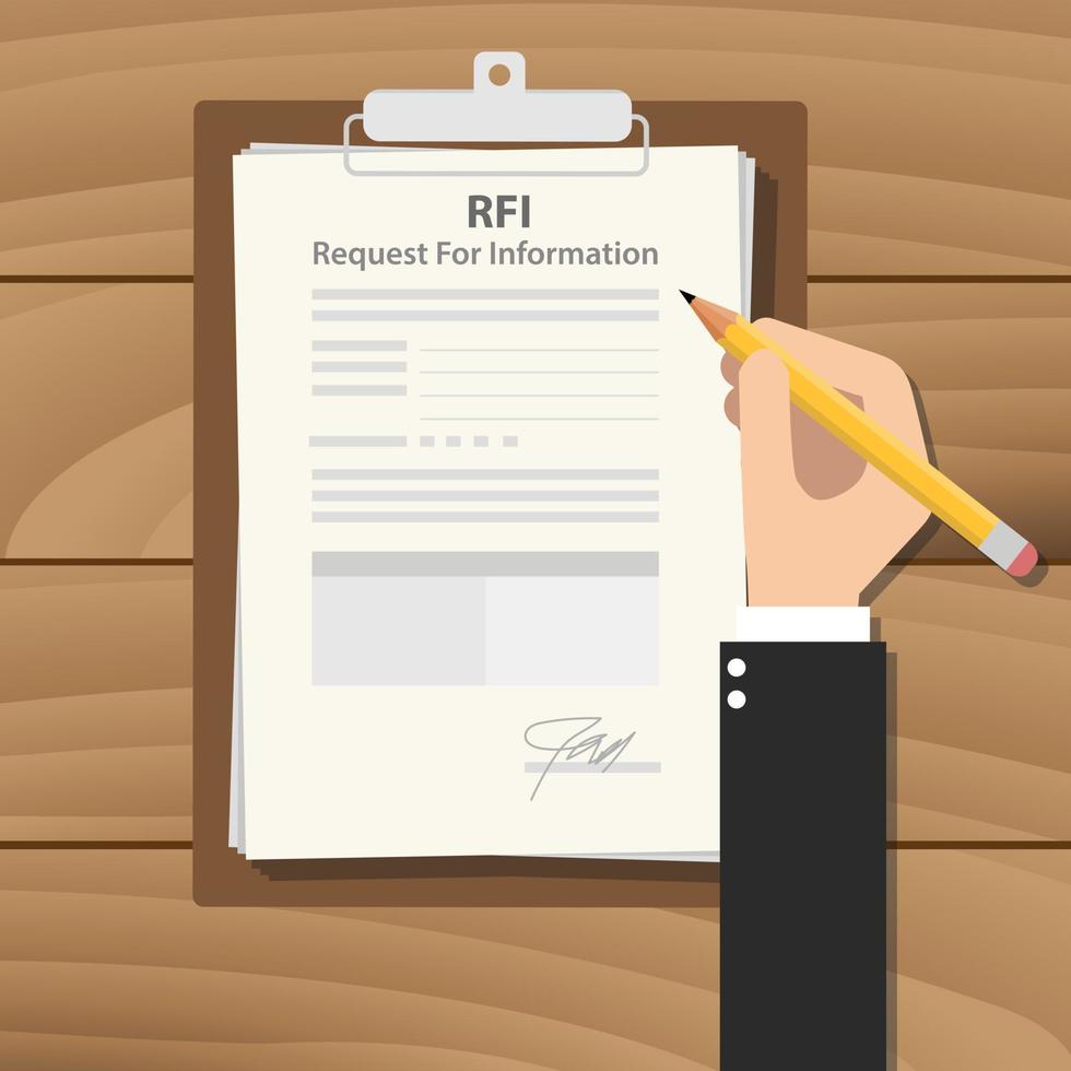 rfi request for information illustration with business man signing a paper work on clipboard on wooden table vector