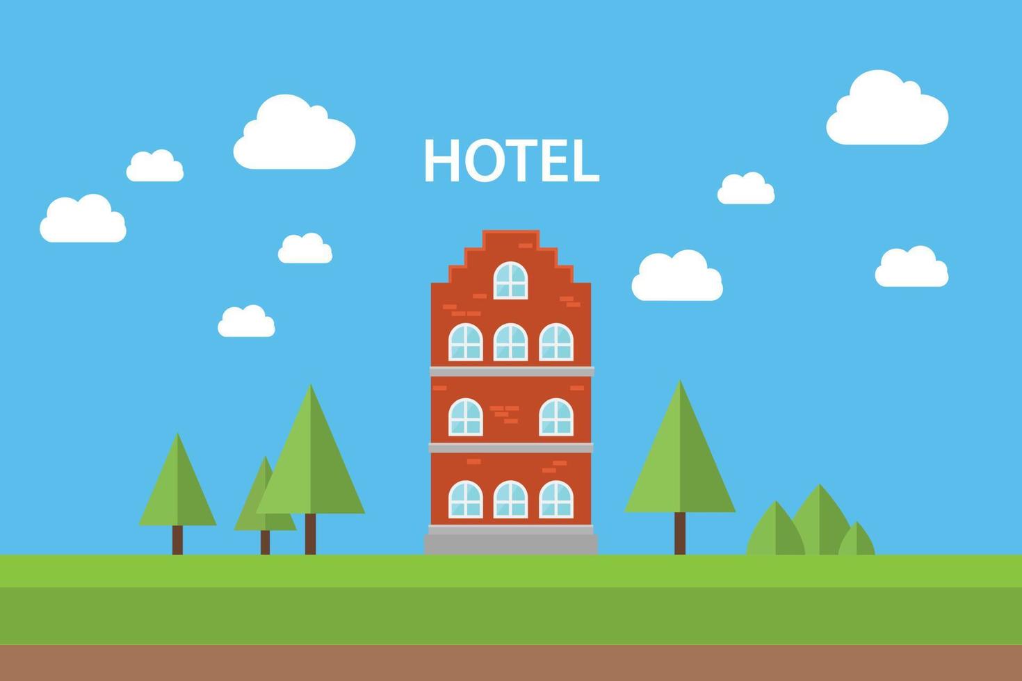 concepto de hotel con edificio de pie con fondo de cielo azul ilustración gráfica de vector de árbol plano