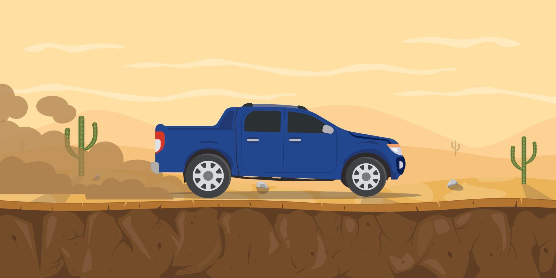 car pickup truck on the desert road with cactus tree and mountain as background vector graphic illustration