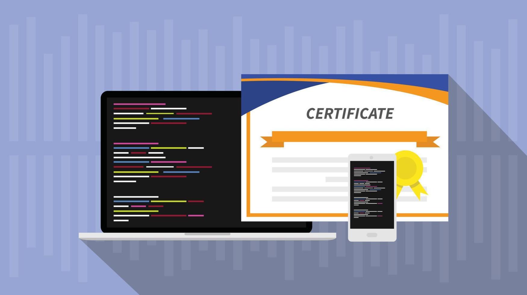programming skill certificate certification with laptop and smartphone app script software programs vector graphic illustration