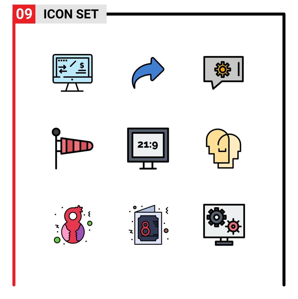 9 Universal Filledline Flat Colors Set for Web and Mobile Applications tv aspect ratio chat preferences wind parachute Editable Vector Design Elements