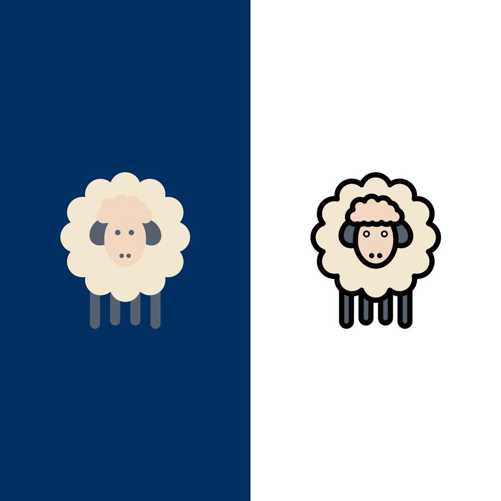 cordero de pascua ovejas primavera iconos planos y llenos de línea conjunto de iconos vector fondo azul
