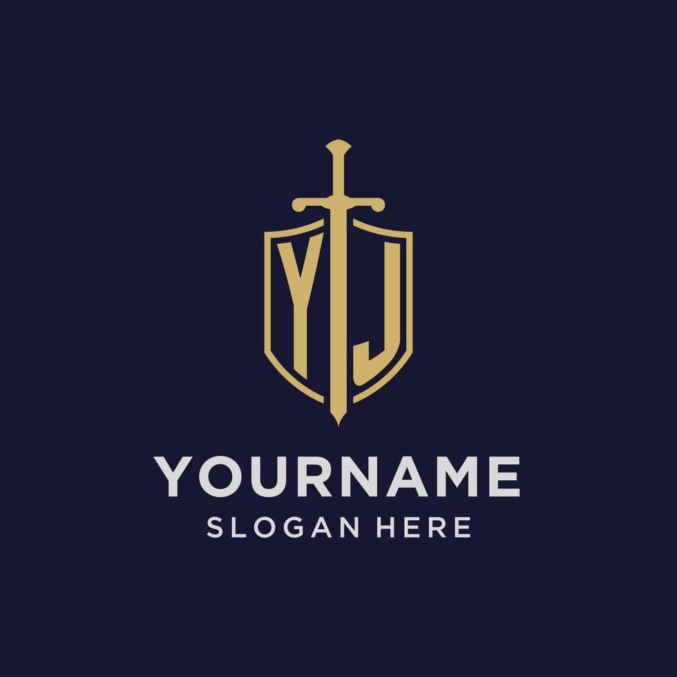 YJ logo initial monogram with shield and sword design vector