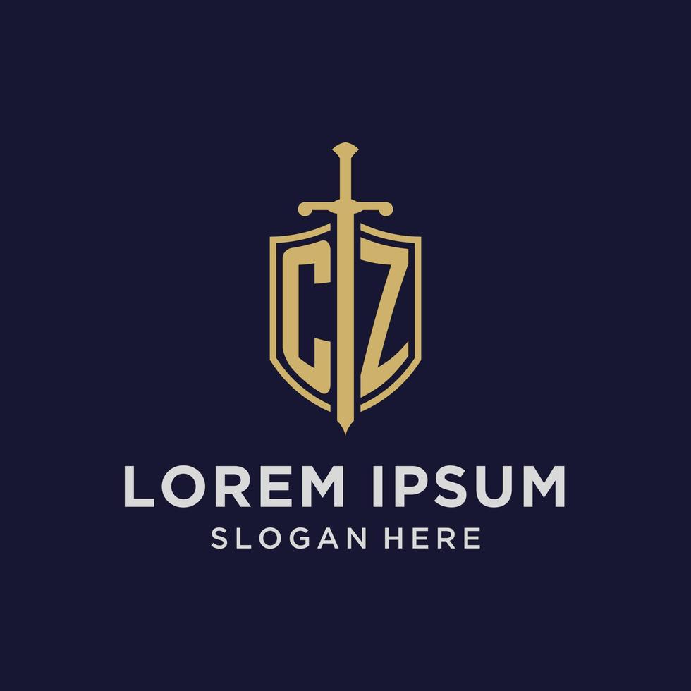 CZ logo initial monogram with shield and sword design vector