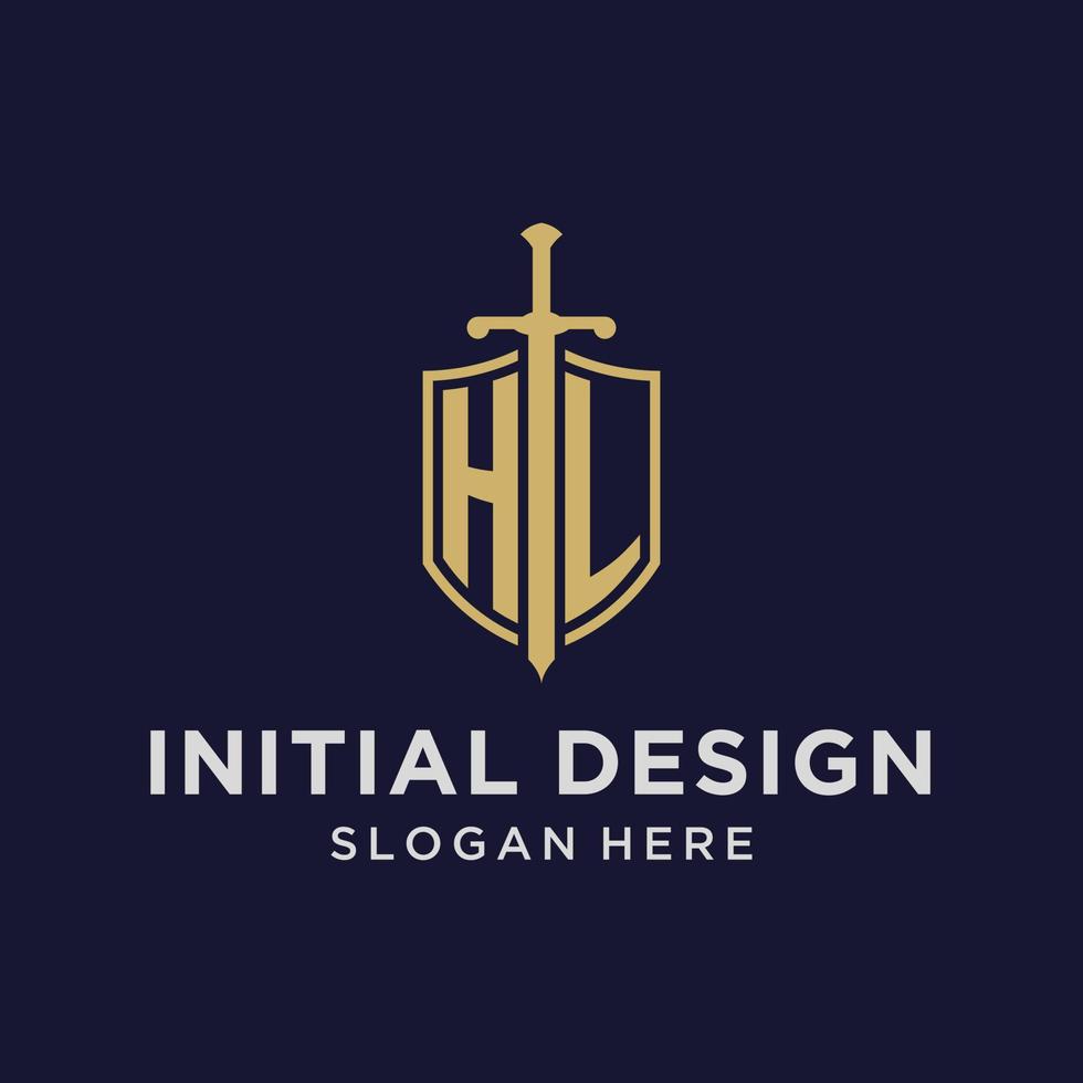 HL logo initial monogram with shield and sword design vector