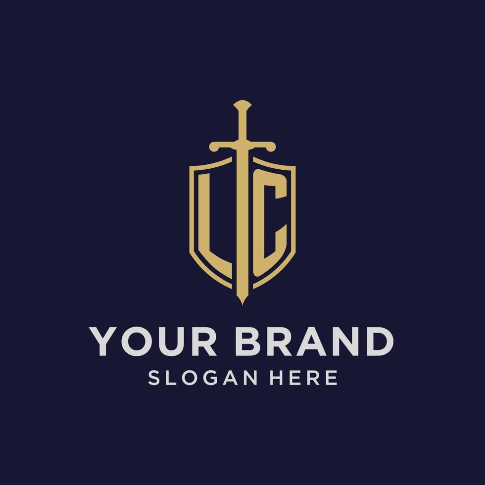 LC logo initial monogram with shield and sword design vector