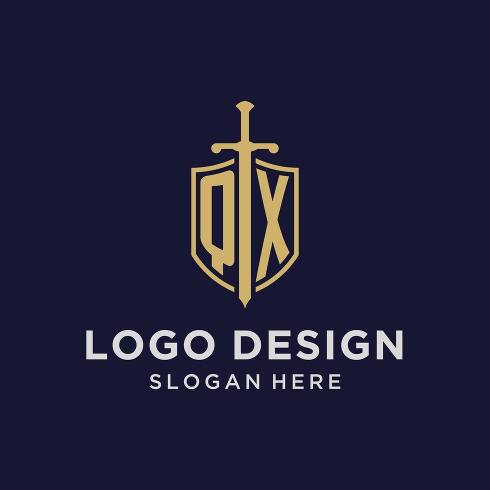QX logo initial monogram with shield and sword design vector