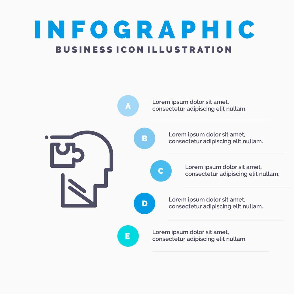 icono de línea de solución de rompecabezas de mente lógica humana con fondo de infografía de presentación de 5 pasos vector