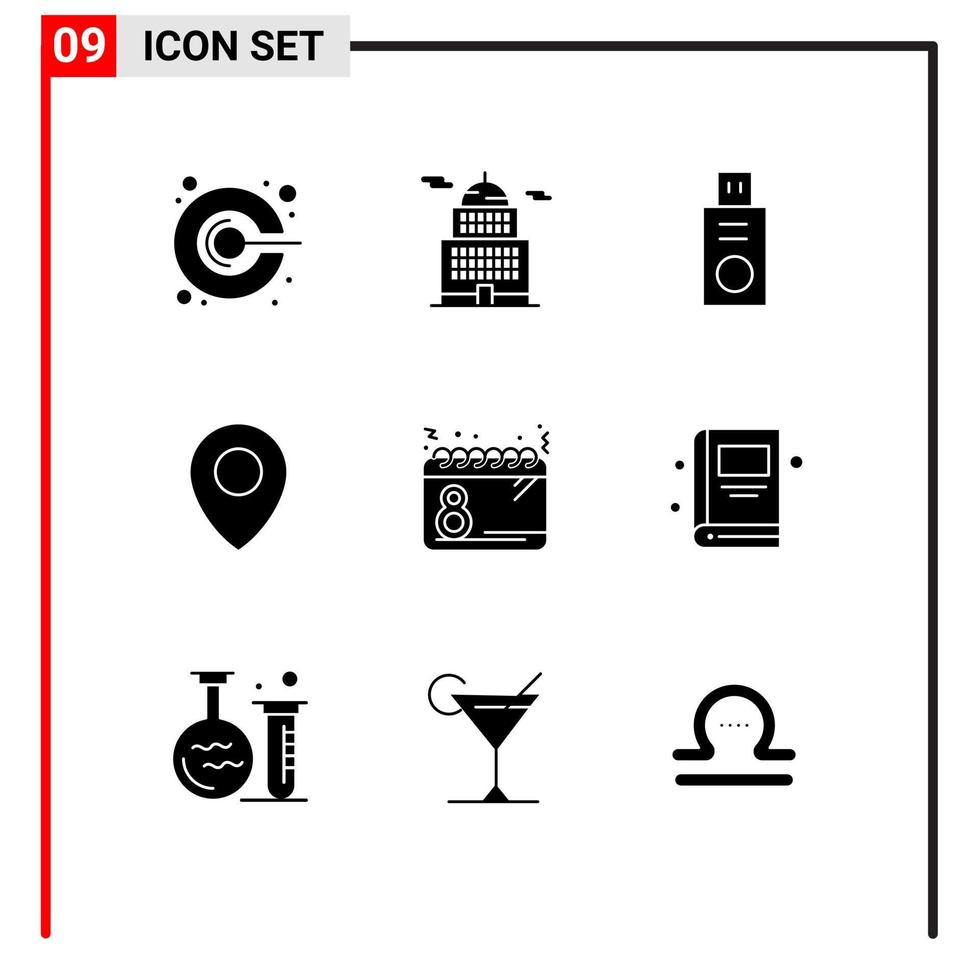 Pictogram Set of 9 Simple Solid Glyphs of women day disk calendar map Editable Vector Design Elements
