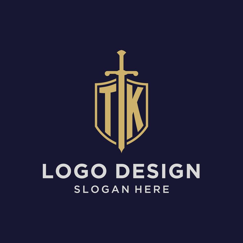 TK logo initial monogram with shield and sword design vector