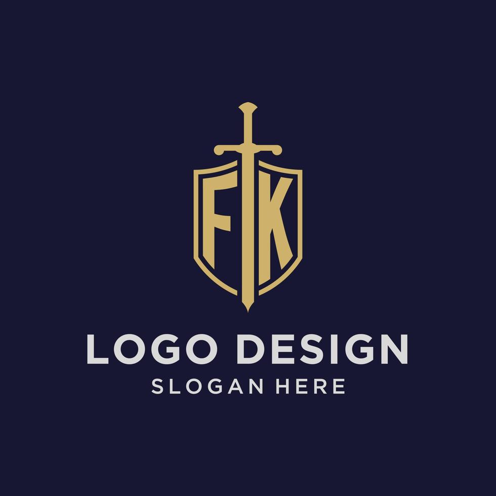 FK logo initial monogram with shield and sword design vector