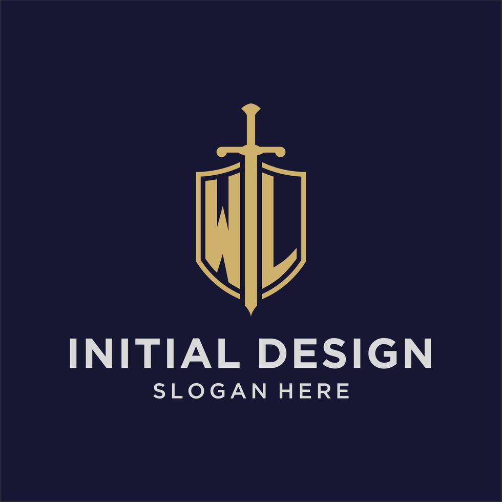 WL logo initial monogram with shield and sword design vector