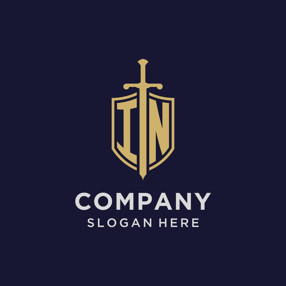 IN logo initial monogram with shield and sword design vector