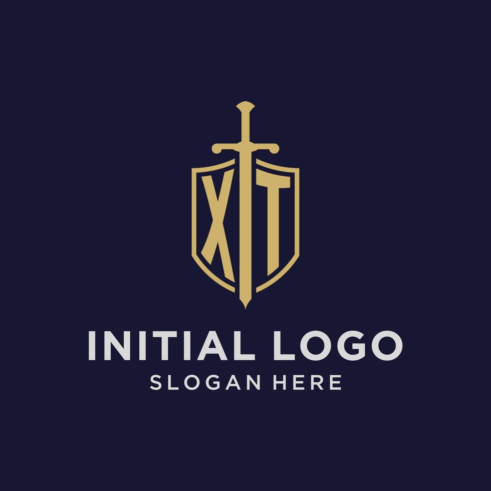 XT logo initial monogram with shield and sword design vector