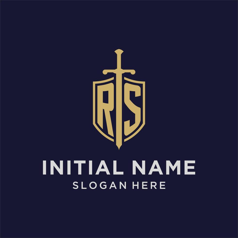 RS logo initial monogram with shield and sword design vector