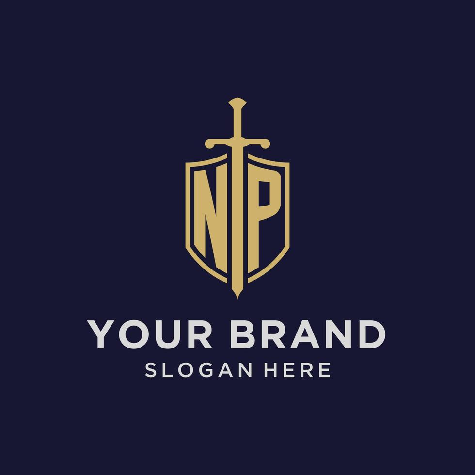 NP logo initial monogram with shield and sword design vector