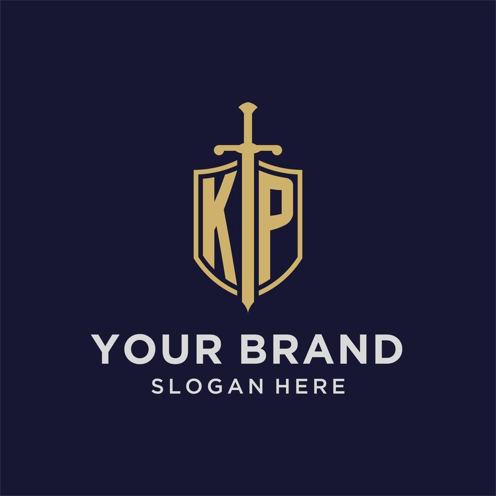 KP logo initial monogram with shield and sword design vector