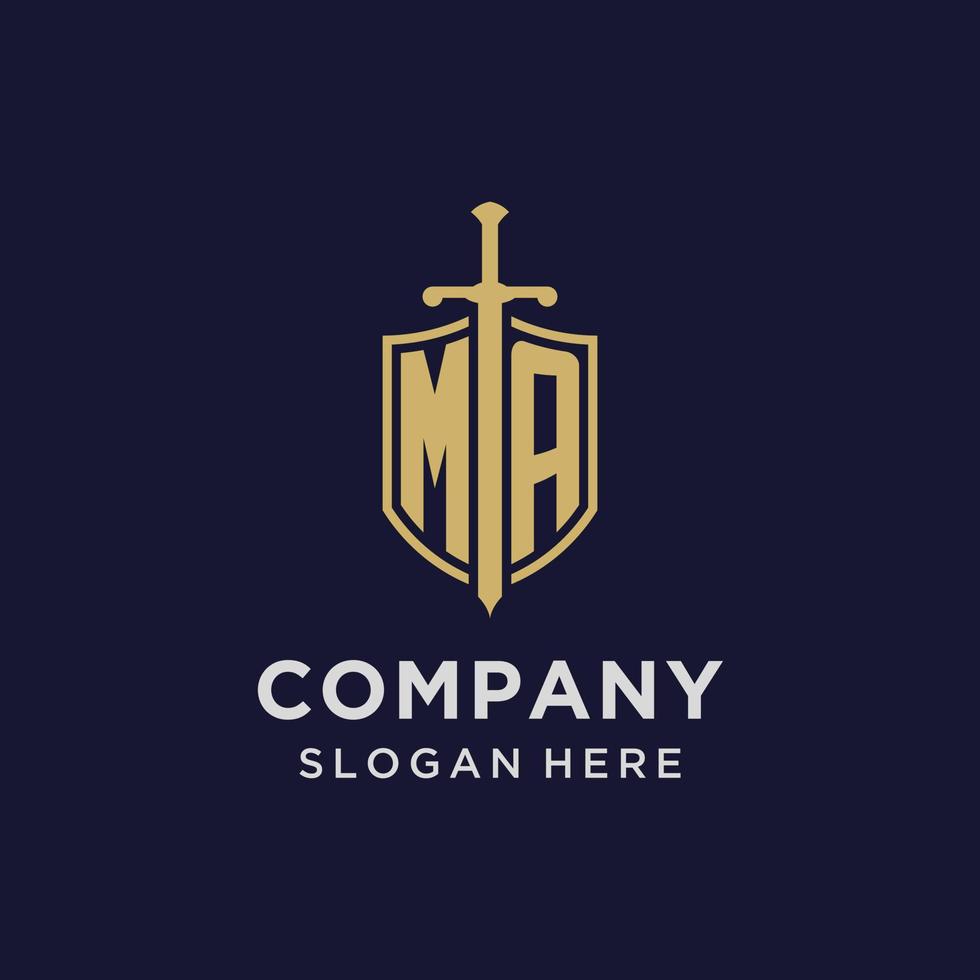 MA logo initial monogram with shield and sword design vector