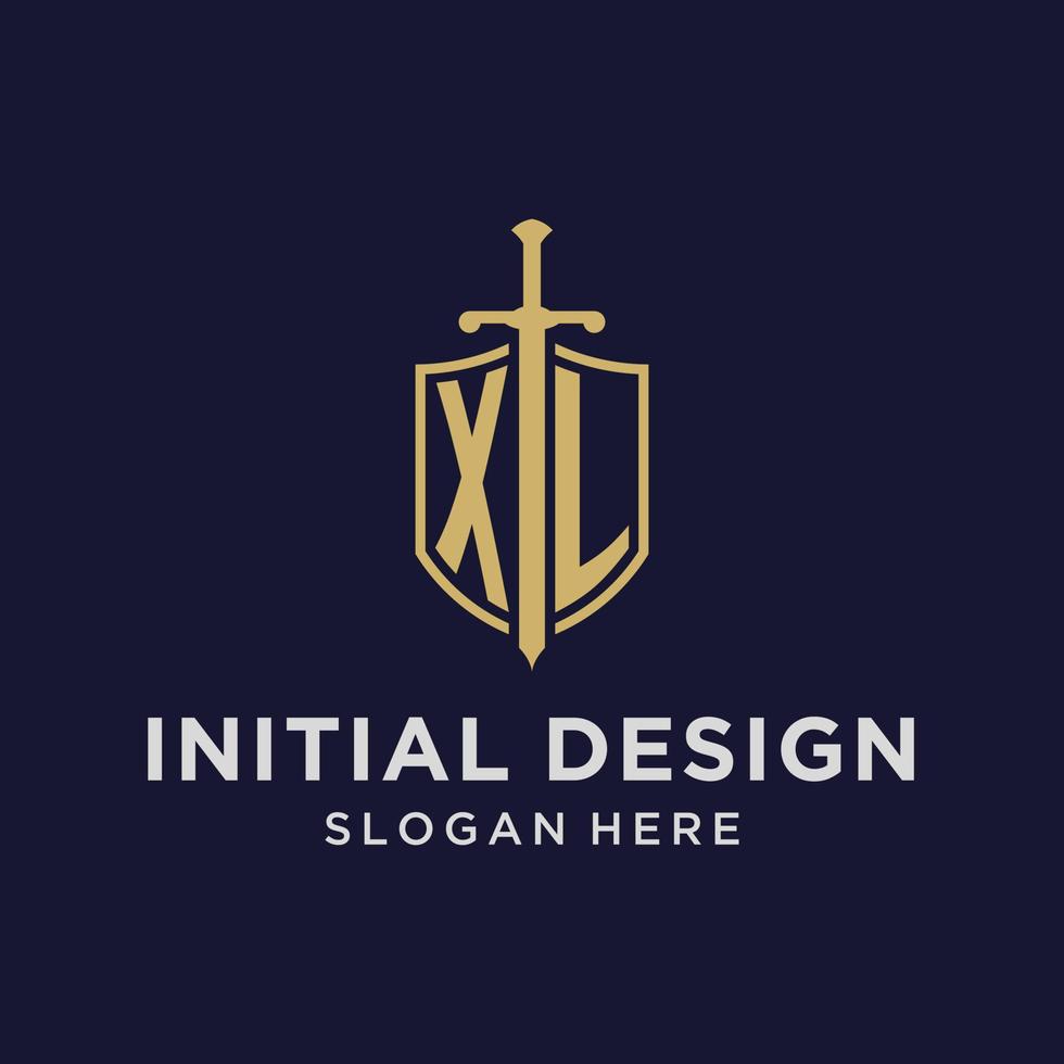 XL logo initial monogram with shield and sword design vector