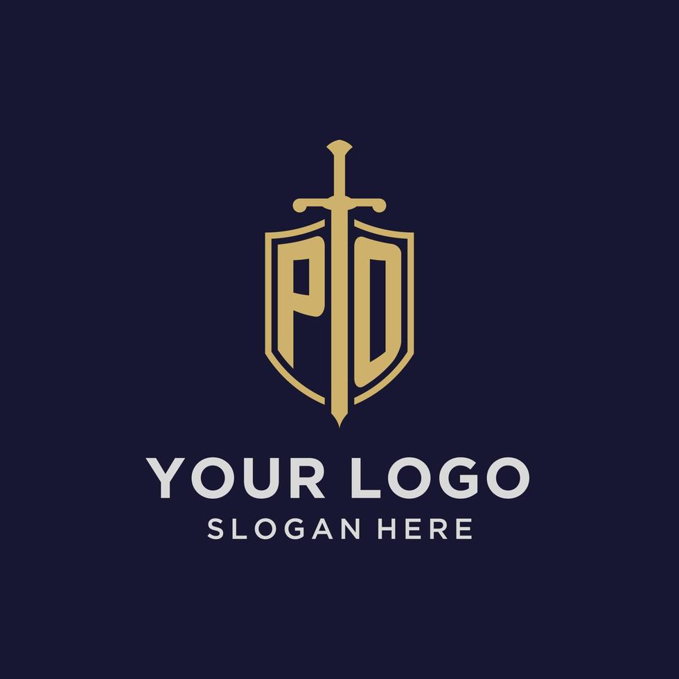 monograma inicial del logotipo po con diseño de escudo y espada vector