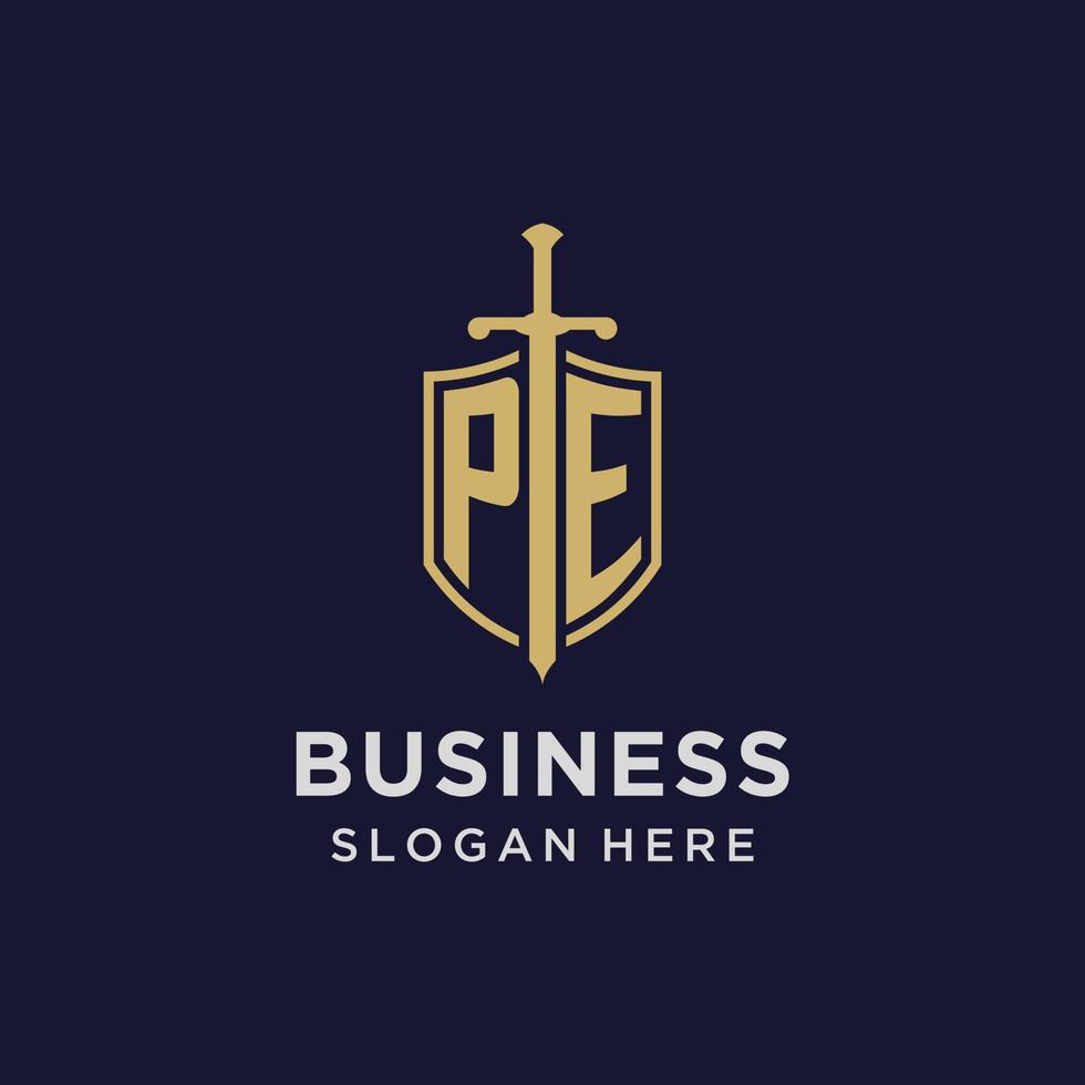 PE logo initial monogram with shield and sword design vector