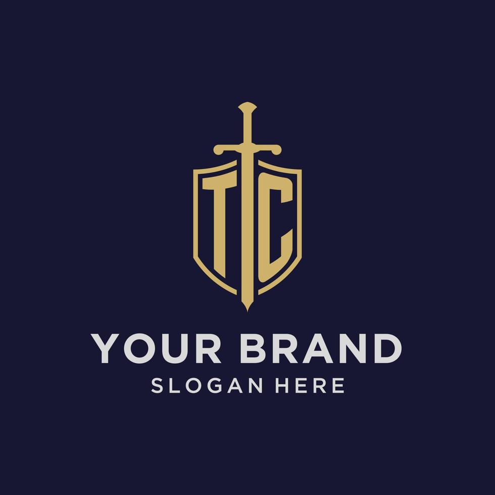 TC logo initial monogram with shield and sword design vector