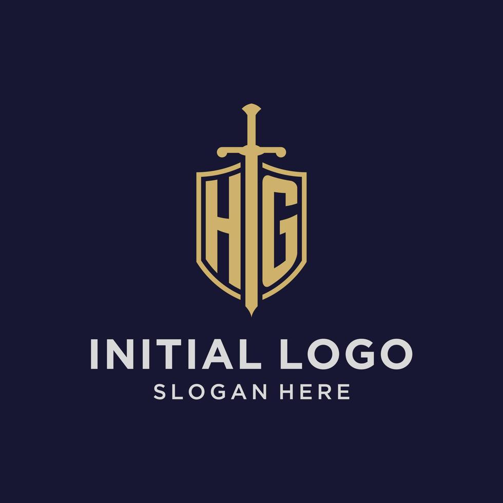 monograma inicial del logotipo hg con diseño de escudo y espada vector