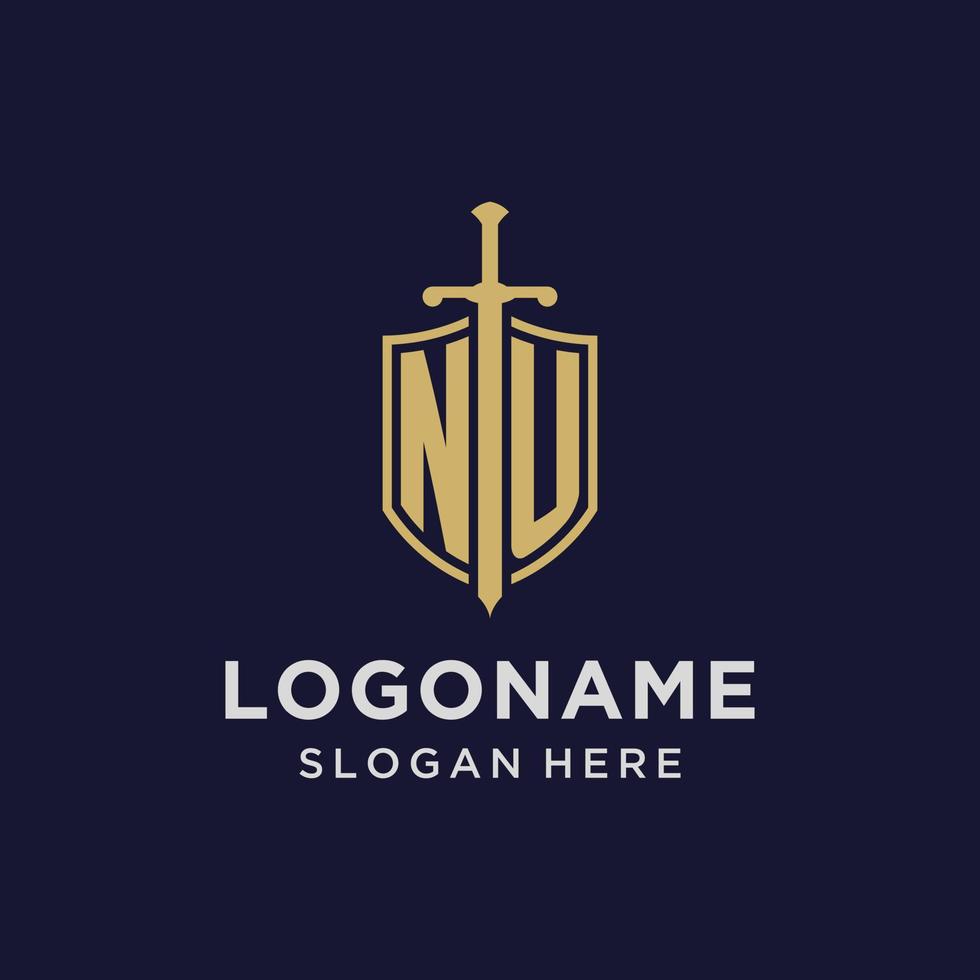 NU logo initial monogram with shield and sword design vector