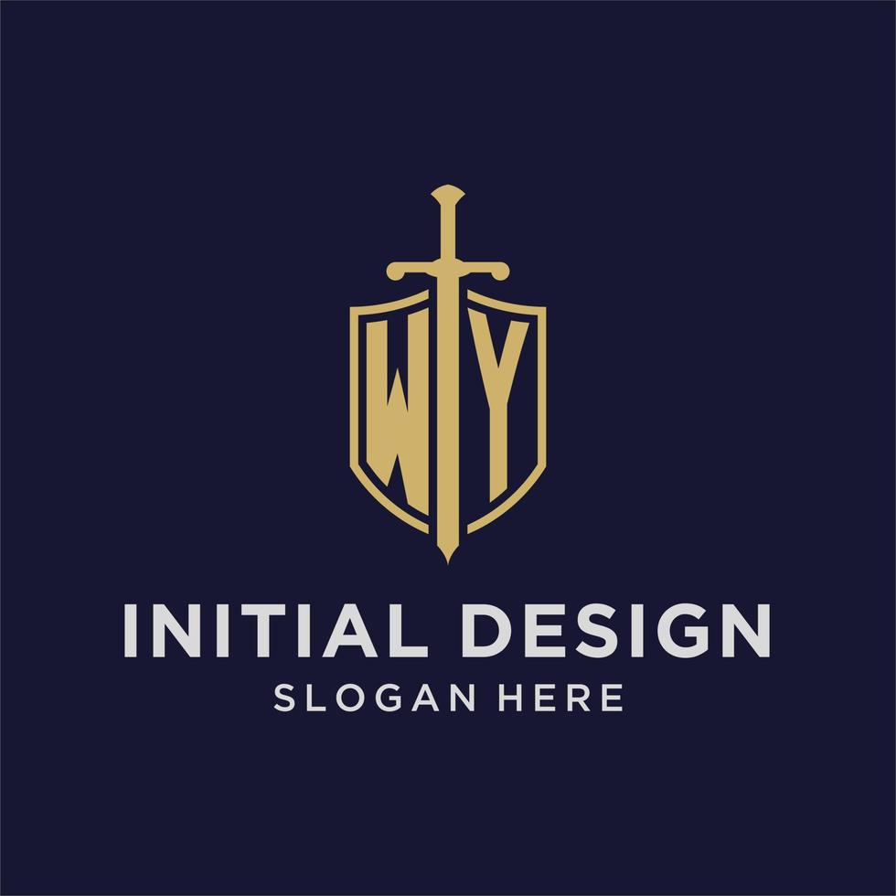 WY logo initial monogram with shield and sword design vector