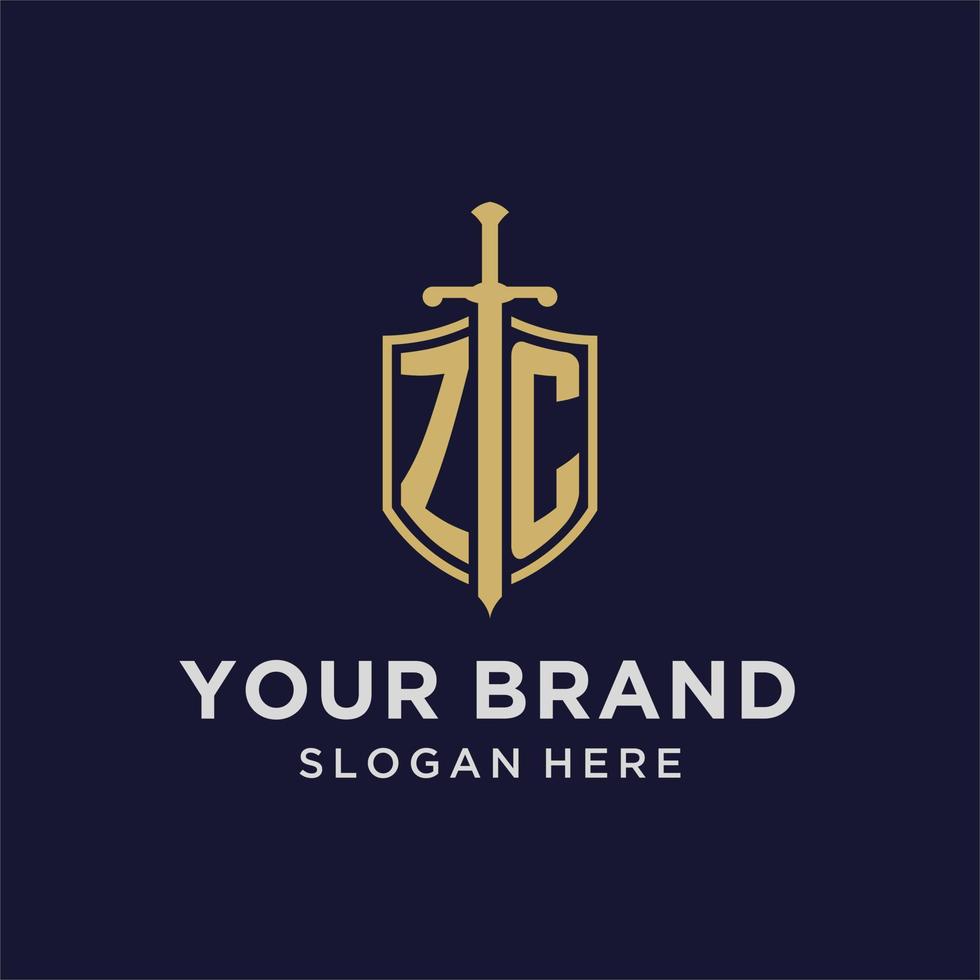 ZC logo initial monogram with shield and sword design vector