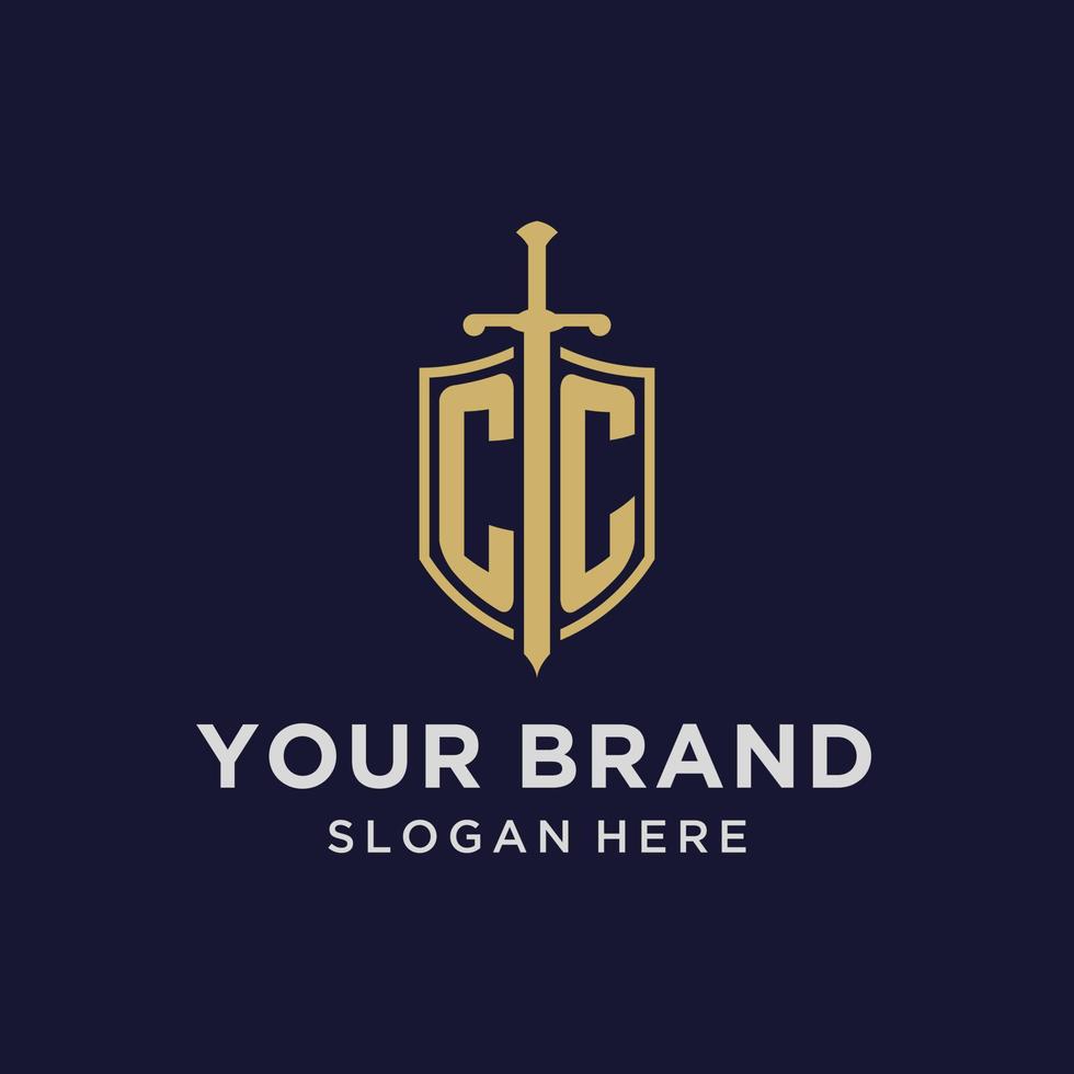 CC logo initial monogram with shield and sword design vector