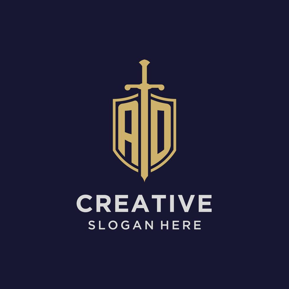 AD logo initial monogram with shield and sword design vector