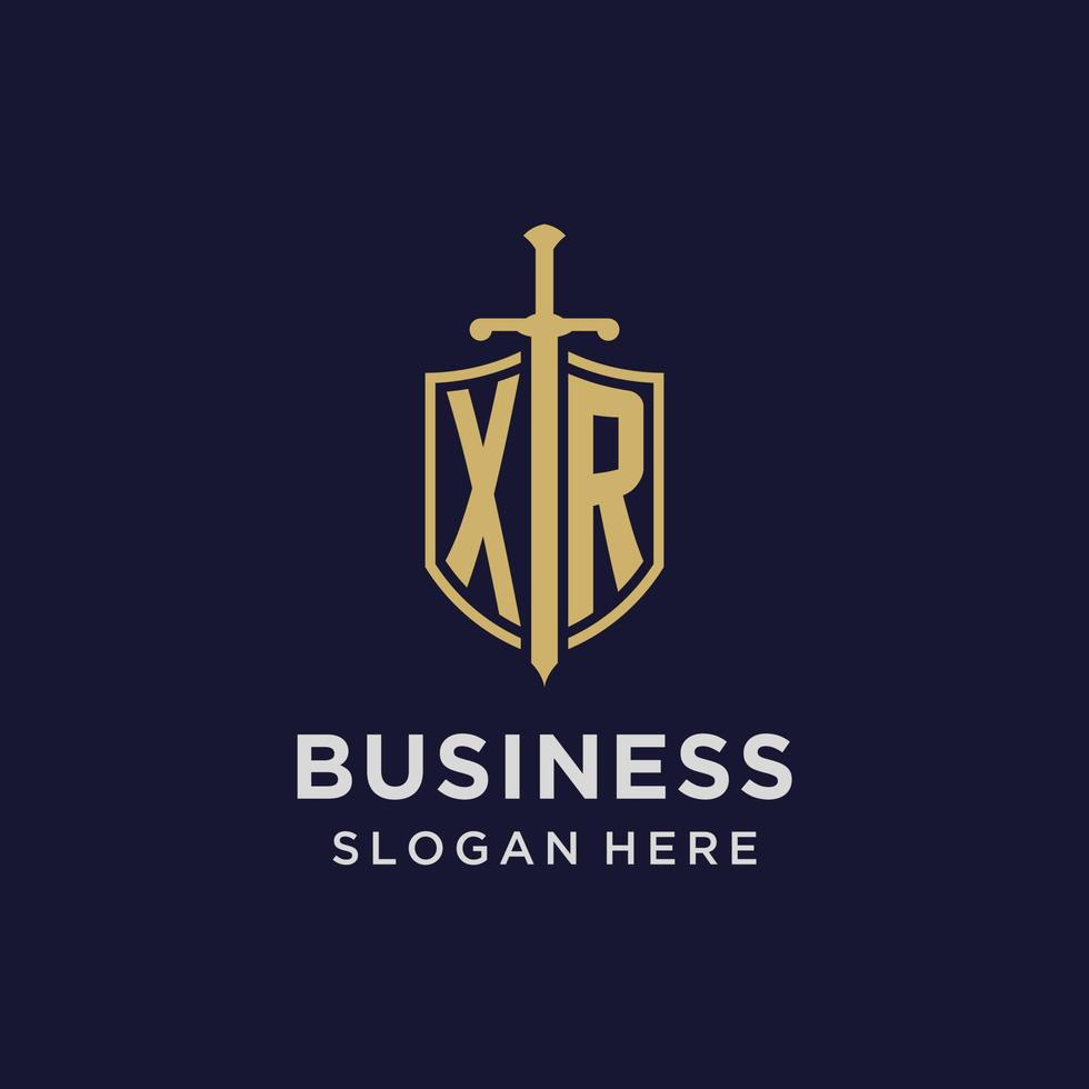 XR logo initial monogram with shield and sword design vector