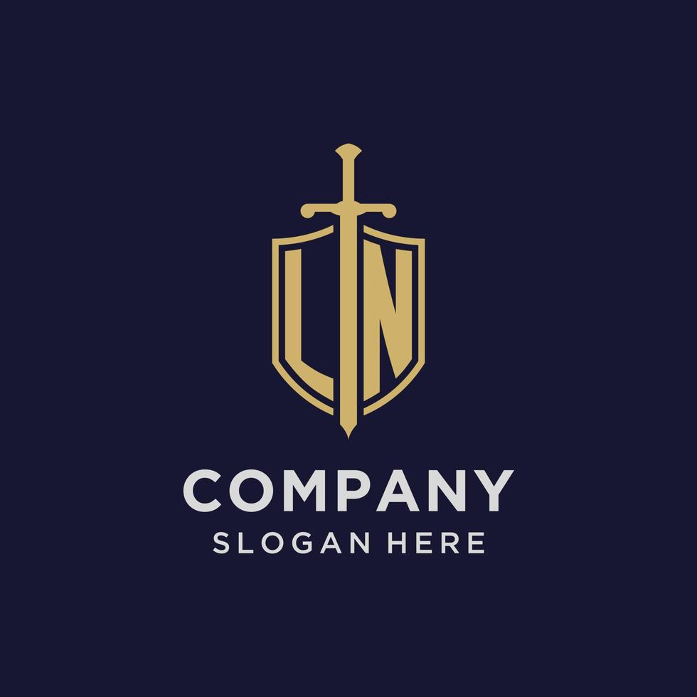 LN logo initial monogram with shield and sword design vector