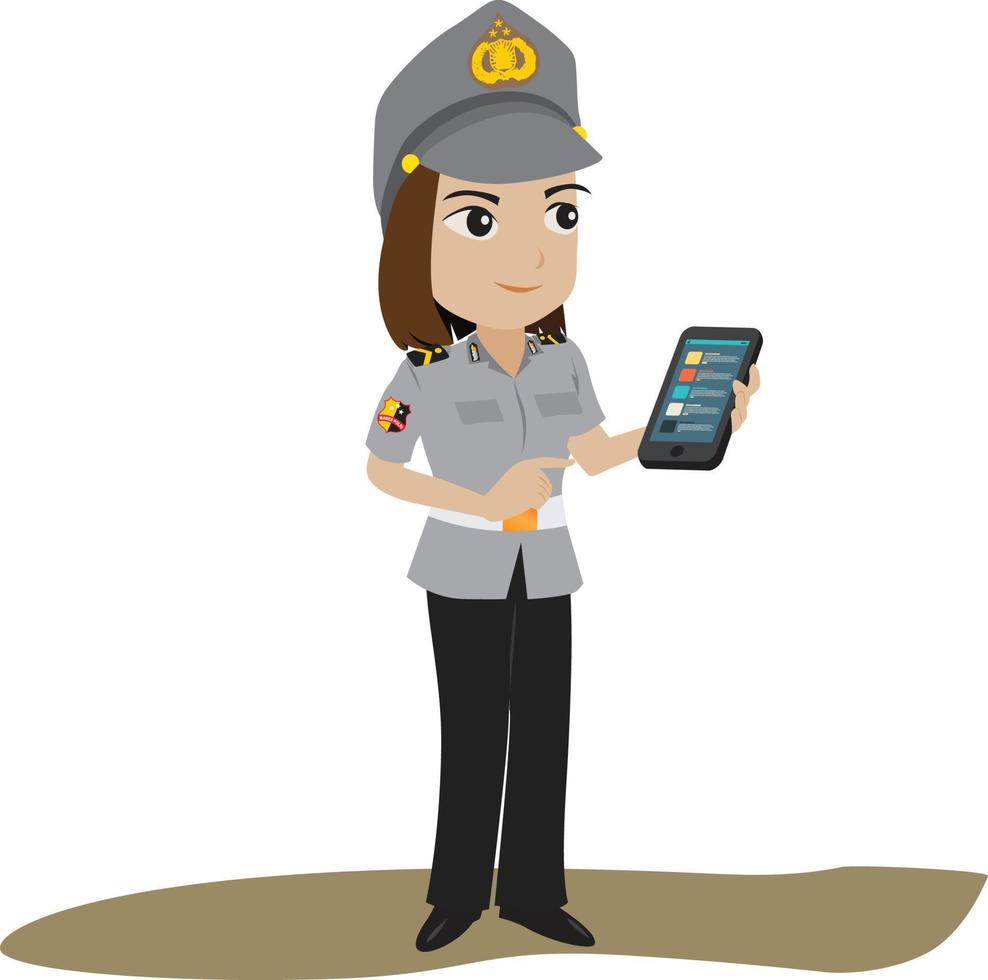 a female police officer is holding a mobile phone, smiling.eps vector
