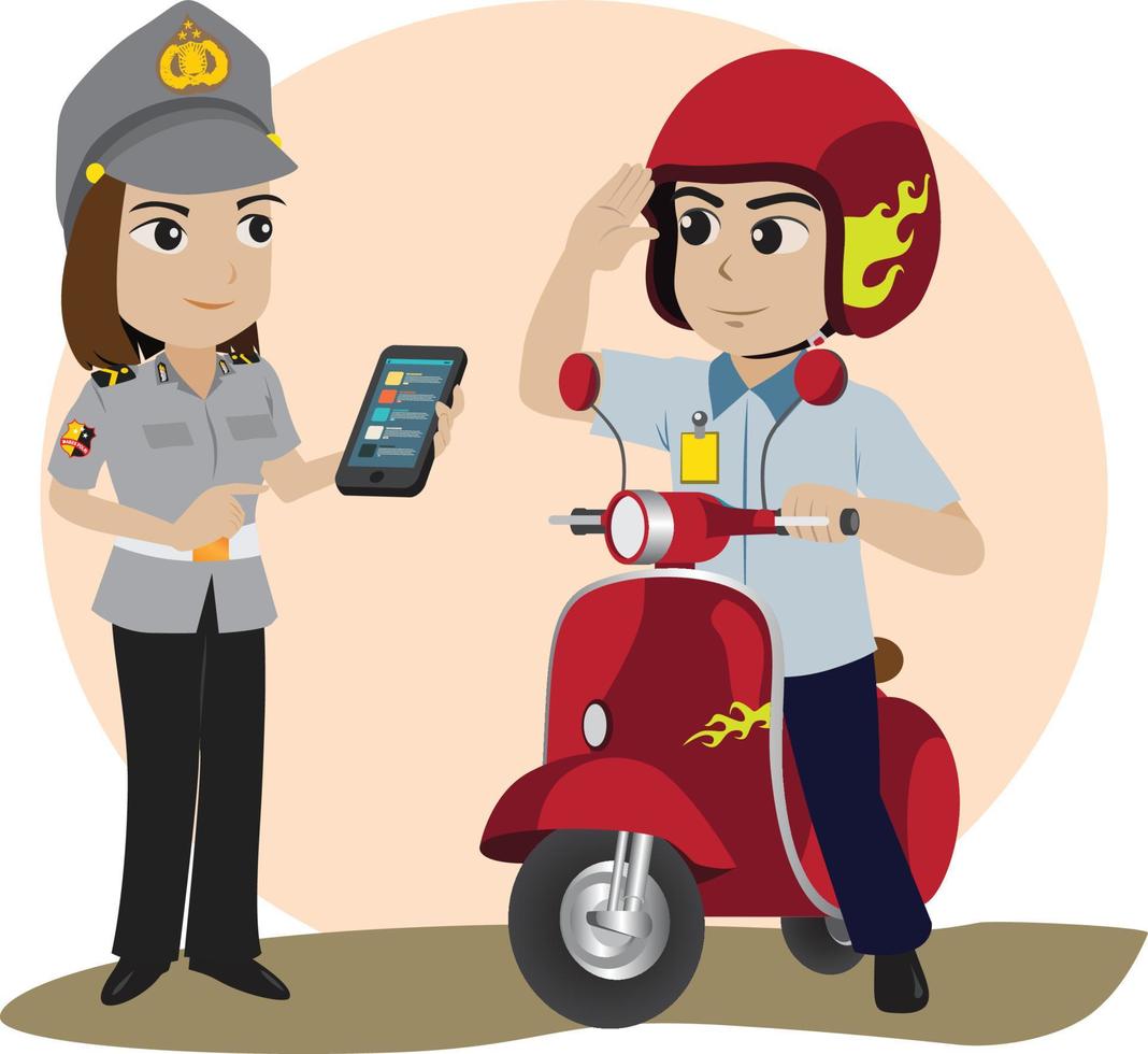 a policewoman and a man riding red scooter motorbike.eps vector