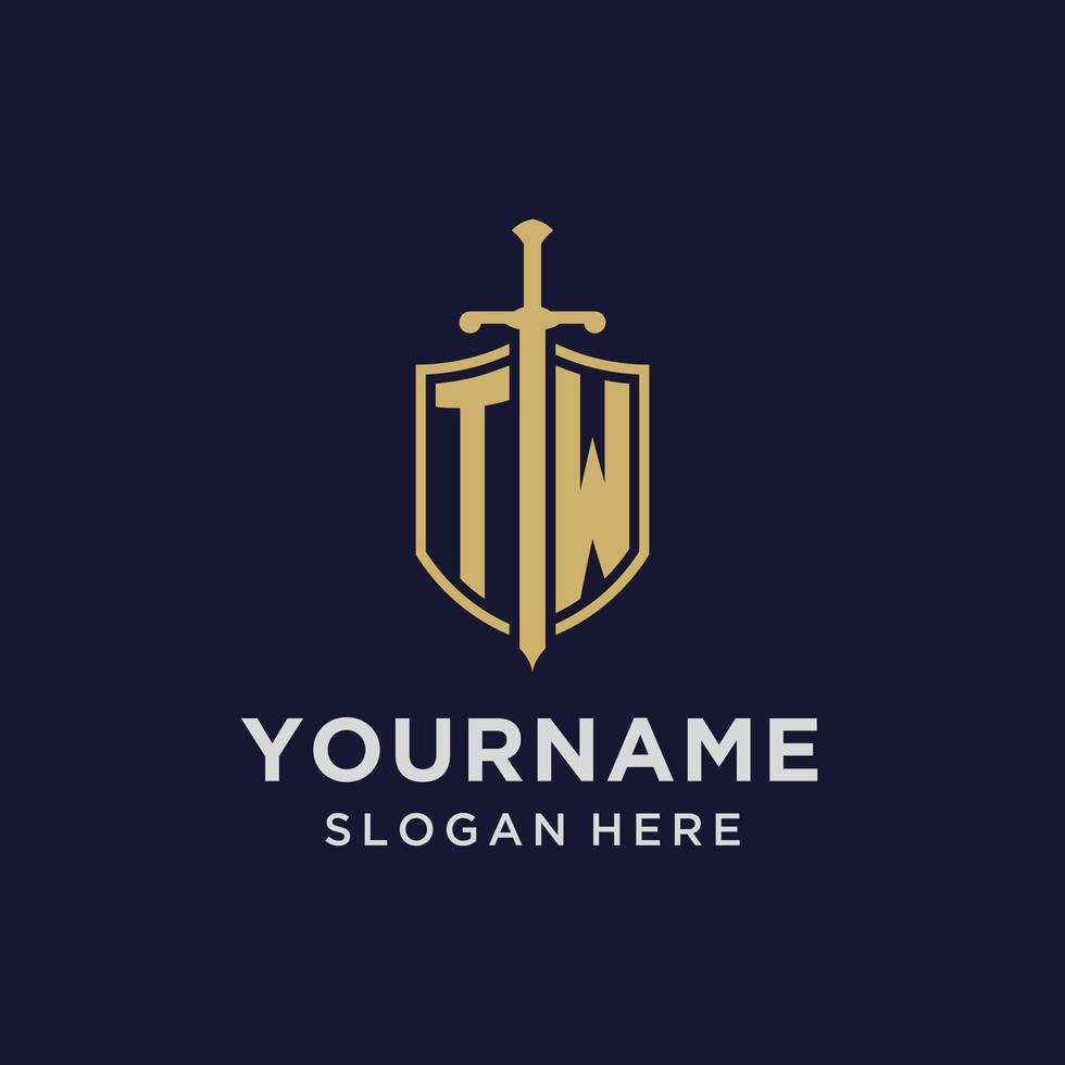 TW logo initial monogram with shield and sword design vector