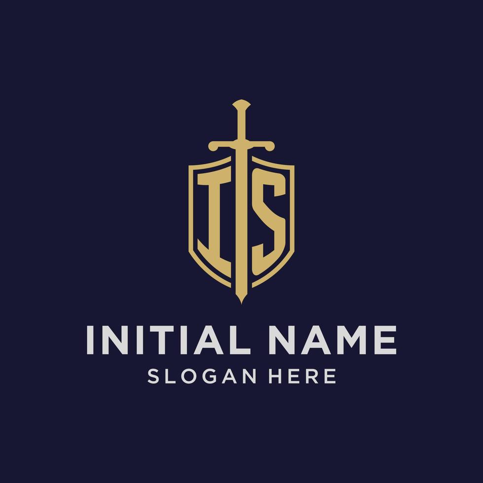 IS logo initial monogram with shield and sword design vector