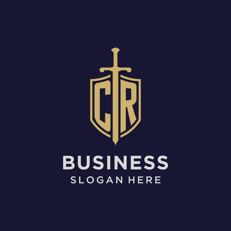 CR logo initial monogram with shield and sword design vector