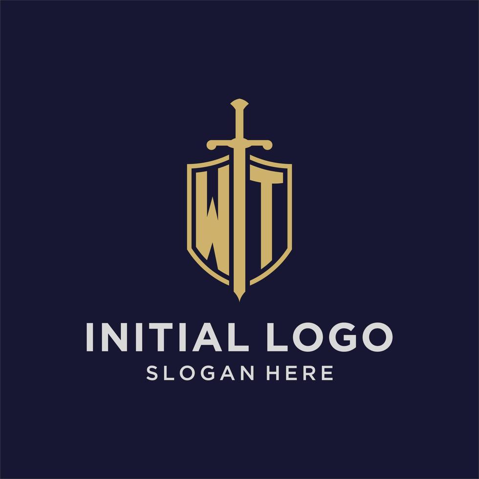 monograma inicial del logotipo wt con diseño de escudo y espada vector