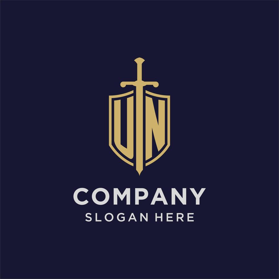 UN logo initial monogram with shield and sword design vector