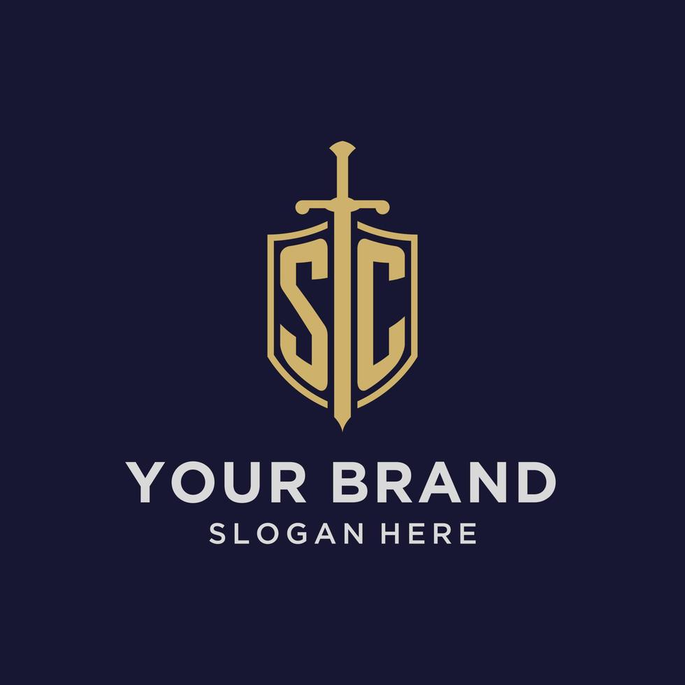 SC logo initial monogram with shield and sword design vector