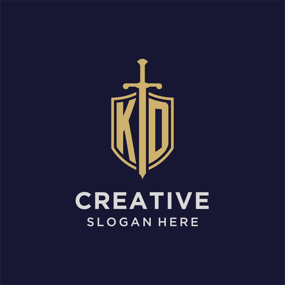KD logo initial monogram with shield and sword design vector