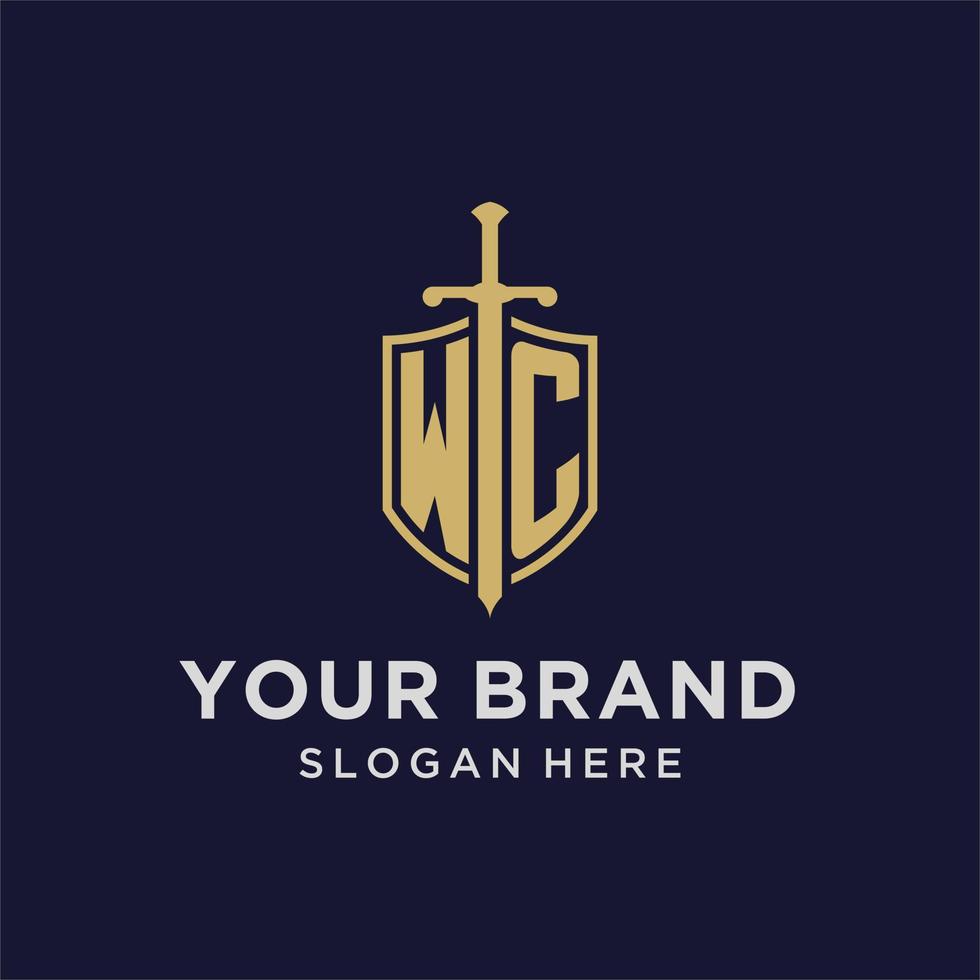 WC logo initial monogram with shield and sword design vector