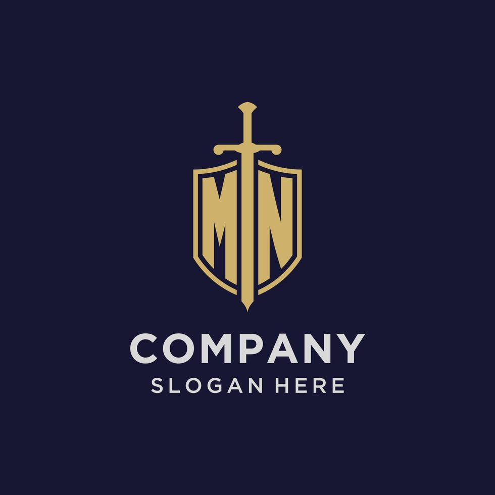 MN logo initial monogram with shield and sword design vector